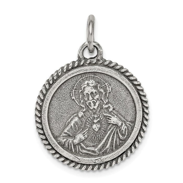 Million Charms 925 Sterling Silver Antiqued Sacred Heart Of Jesus Medal Pendant