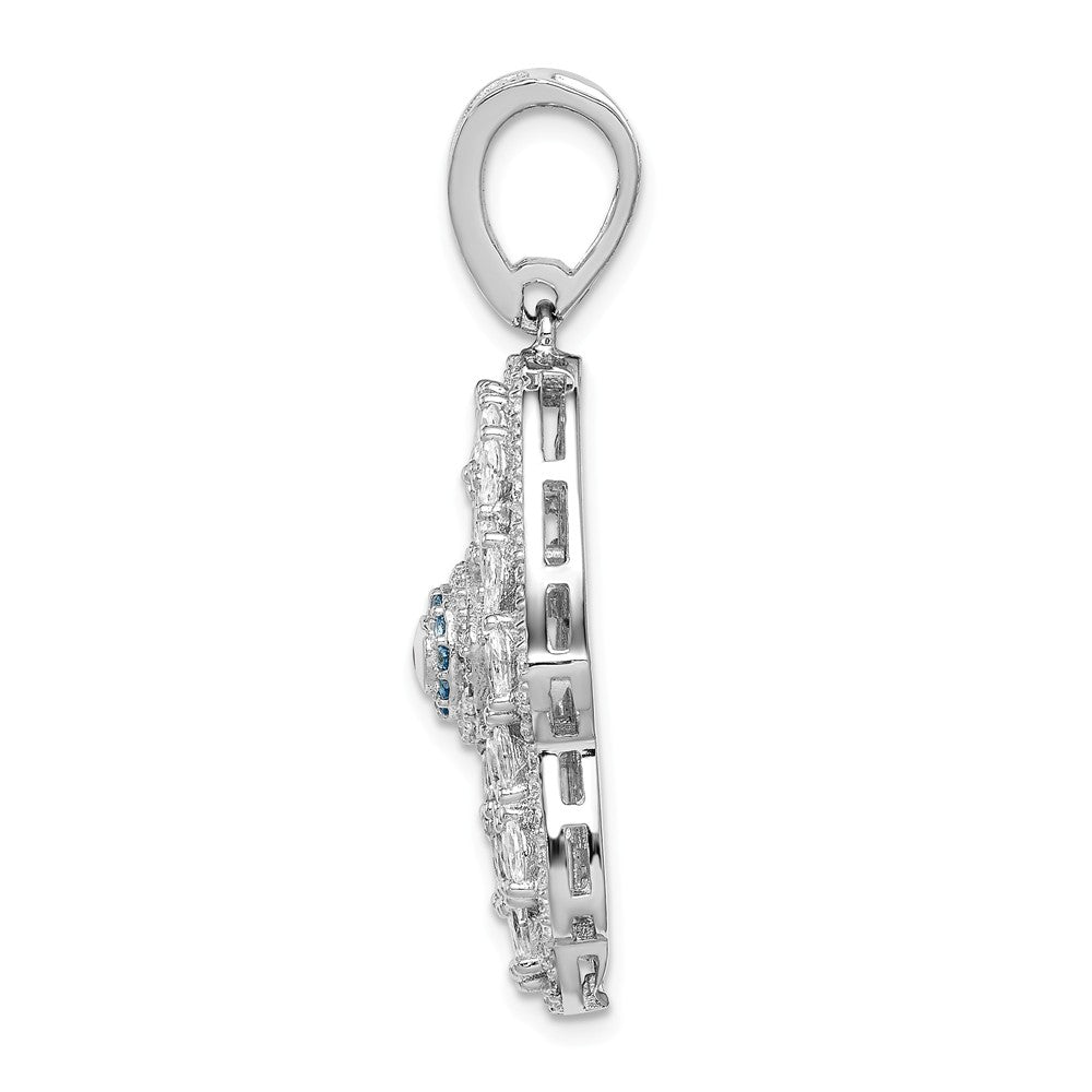 Million Charms 925 Sterling Silver Rhodium-Plated White & Blue (Cubic Zirconia) CZ Hamsa Eye Pendant