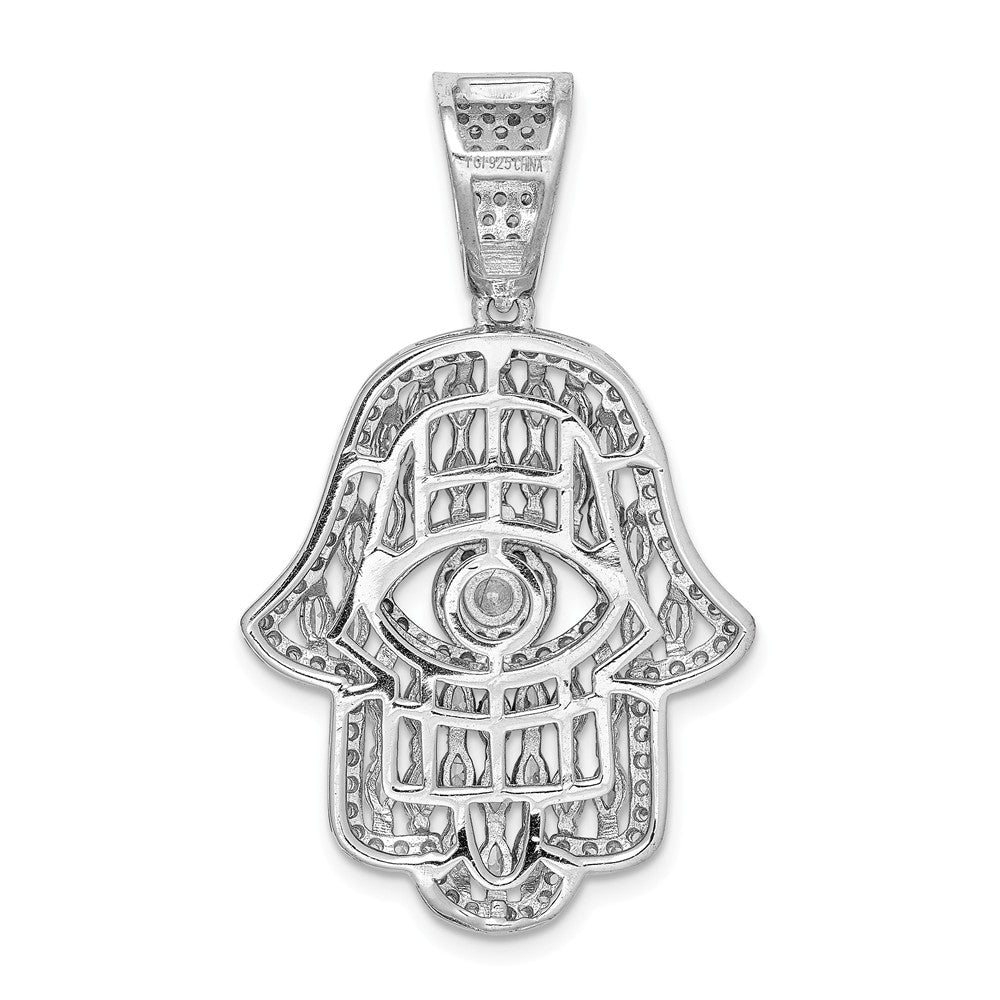 Million Charms 925 Sterling Silver Rhodium-Plated White & Blue (Cubic Zirconia) CZ Hamsa Eye Pendant