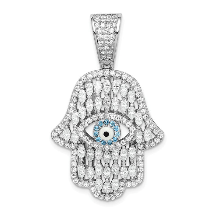Million Charms 925 Sterling Silver Rhodium-Plated White & Blue (Cubic Zirconia) CZ Hamsa Eye Pendant