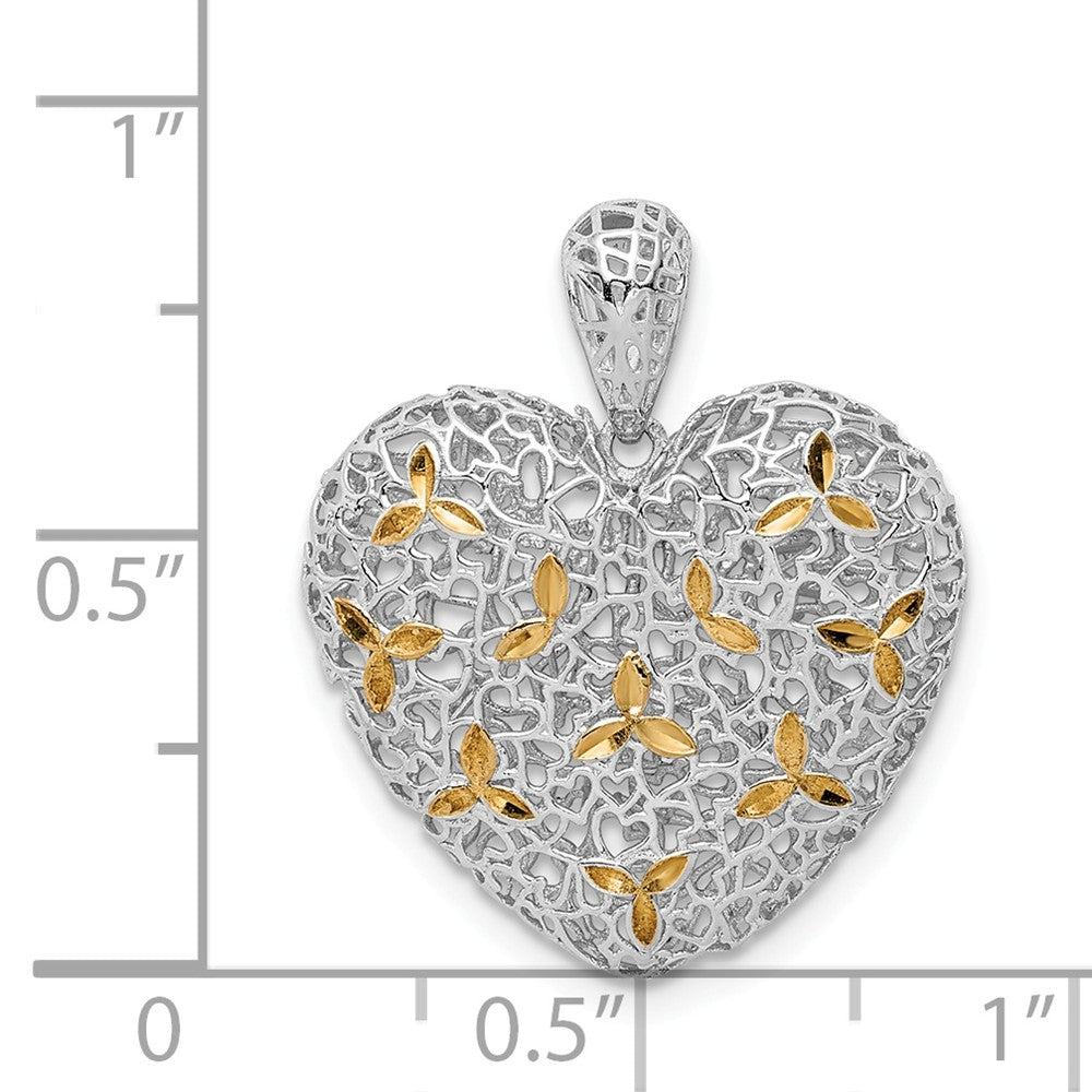 Million Charms 925 Sterling Silver Rhodium-Plated Diamond-Cut Hollow Heart Pendant