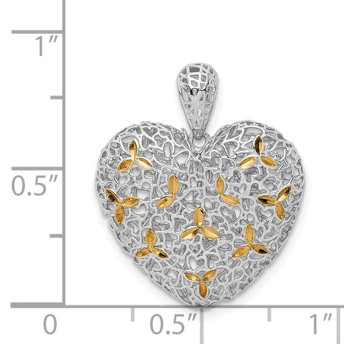 Million Charms 925 Sterling Silver Rhodium-Plated Diamond-Cut Hollow Heart Pendant