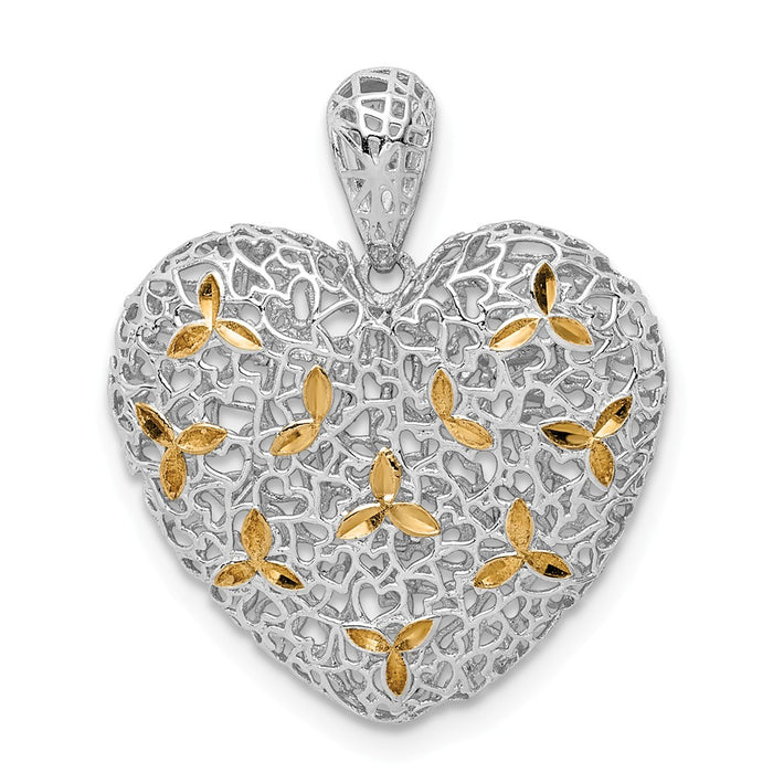 Million Charms 925 Sterling Silver Rhodium-Plated Diamond-Cut Hollow Heart Pendant