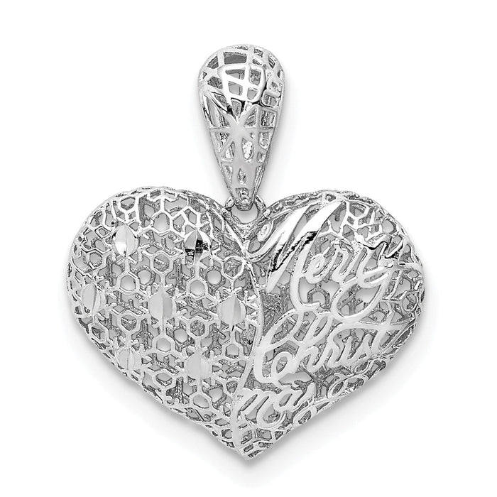 Million Charms 925 Sterling Silver Rhodium-Plated Diamond-Cut Merry Christmas Heart Pendant