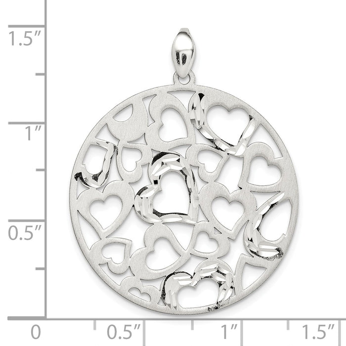 Million Charms 925 Sterling Silver Brushed Hearts Round Pendant