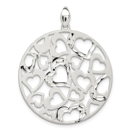 Million Charms 925 Sterling Silver Brushed Hearts Round Pendant