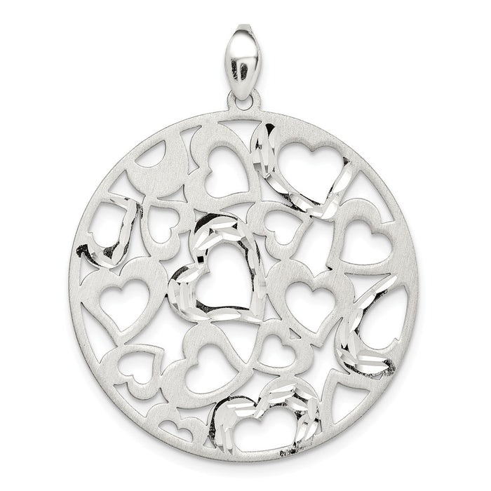 Million Charms 925 Sterling Silver Brushed Hearts Round Pendant