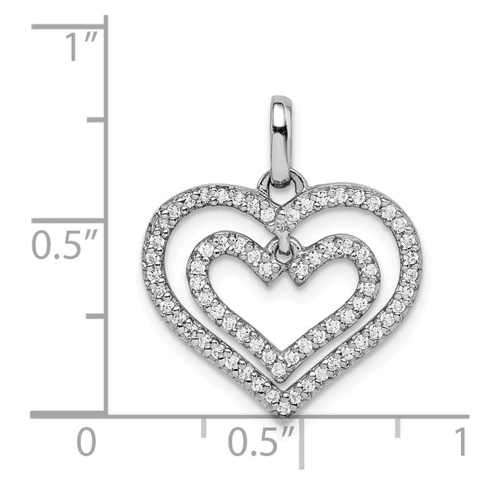 Million Charms 925 Sterling Silver Rhodium-Plated (Cubic Zirconia) CZ Double Heart Pendant