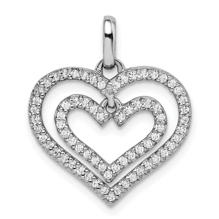 Million Charms 925 Sterling Silver Rhodium-Plated (Cubic Zirconia) CZ Double Heart Pendant