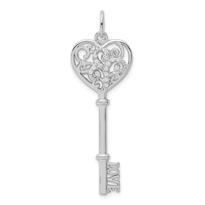 Million Charms 925 Sterling Silver Rhod-Plated (Cubic Zirconia) CZ Love Key Pendant