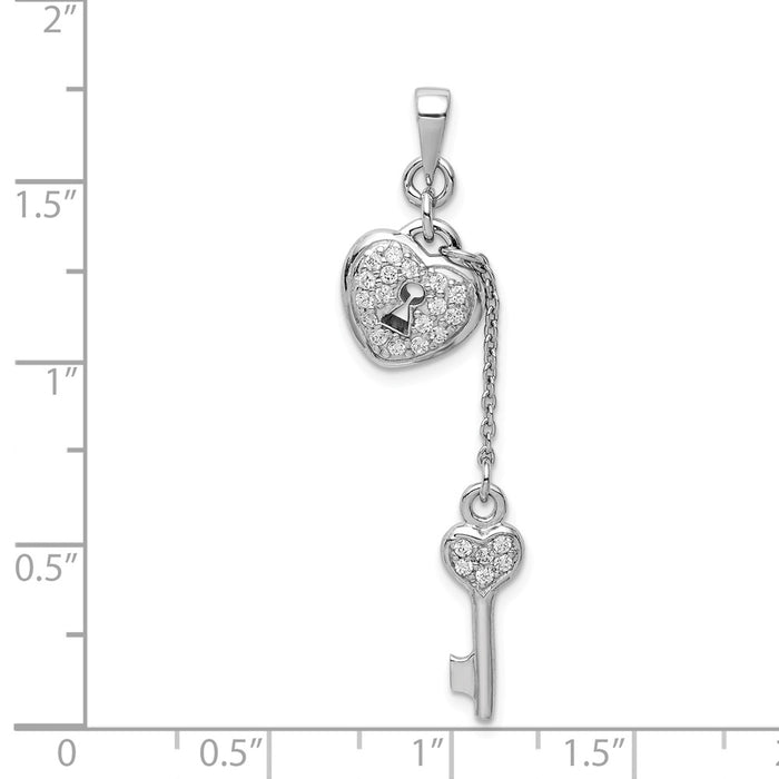 Million Charms 925 Sterling Silver Rhodium-Plated (Cubic Zirconia) CZ Heart Lock, Key Pendant