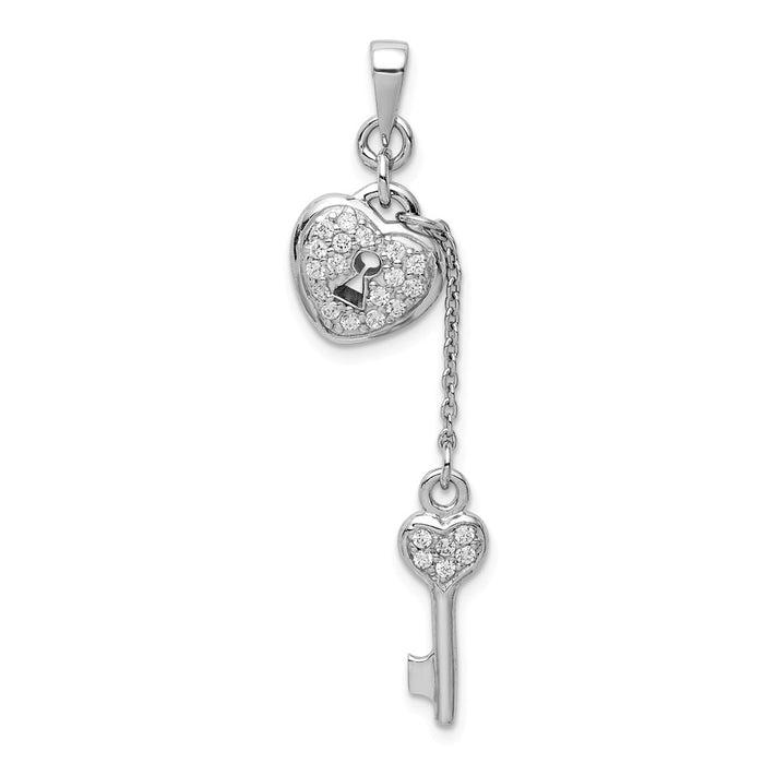 Million Charms 925 Sterling Silver Rhodium-Plated (Cubic Zirconia) CZ Heart Lock, Key Pendant