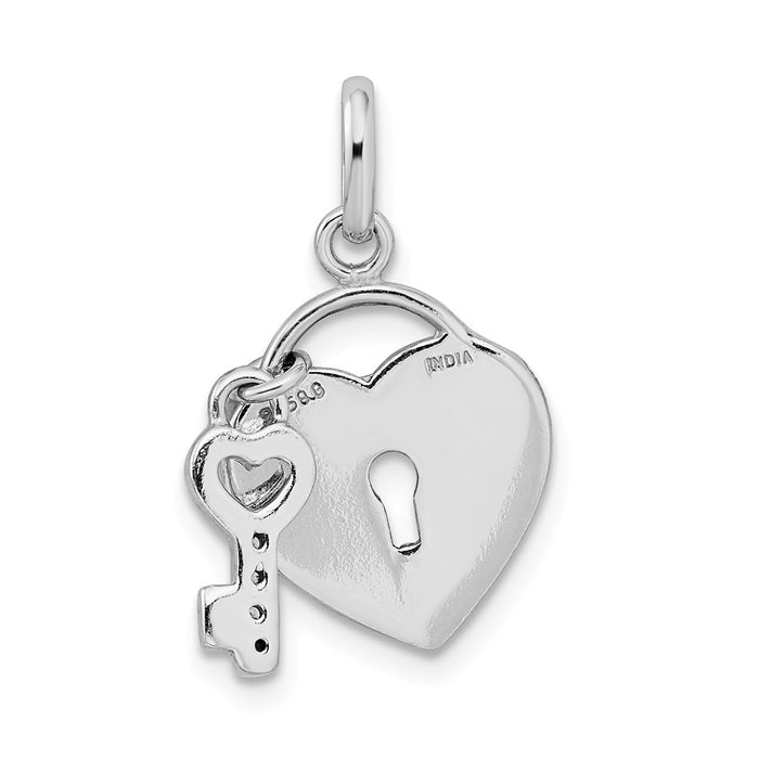 Million Charms 925 Sterling Silver Rhodium-Plated Glitter Infused Heart, Key Pendant