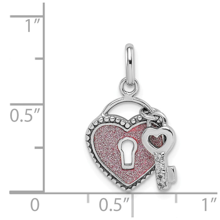 Million Charms 925 Sterling Silver Rhodium-Plated Glitter Infused Heart, Key Pendant