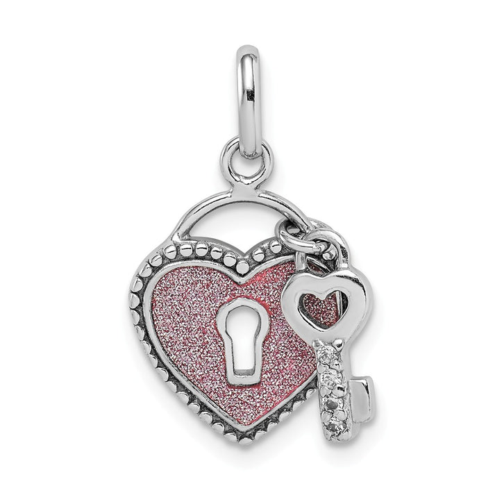 Million Charms 925 Sterling Silver Rhodium-Plated Glitter Infused Heart, Key Pendant