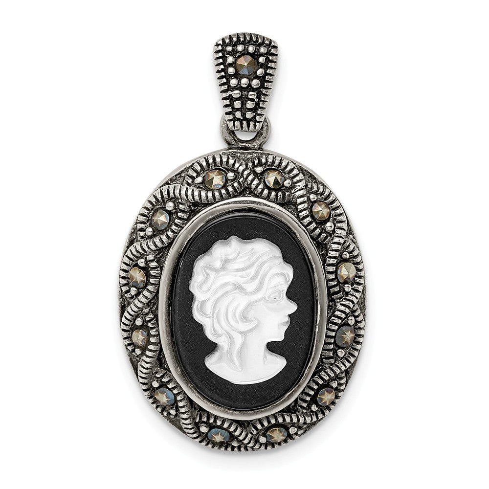 Million Charms 925 Sterling Silver Antiqued Marcasite, Mop & Black Agate Cameo Pendant