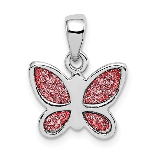 Million Charms 925 Sterling Silver Rhodium-Plated Glitter Infused Polished Butterfly Pendant