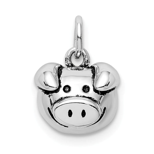 Million Charms 925 Sterling Silver Rhodium-Plated Antiqued Pig Head Pendant