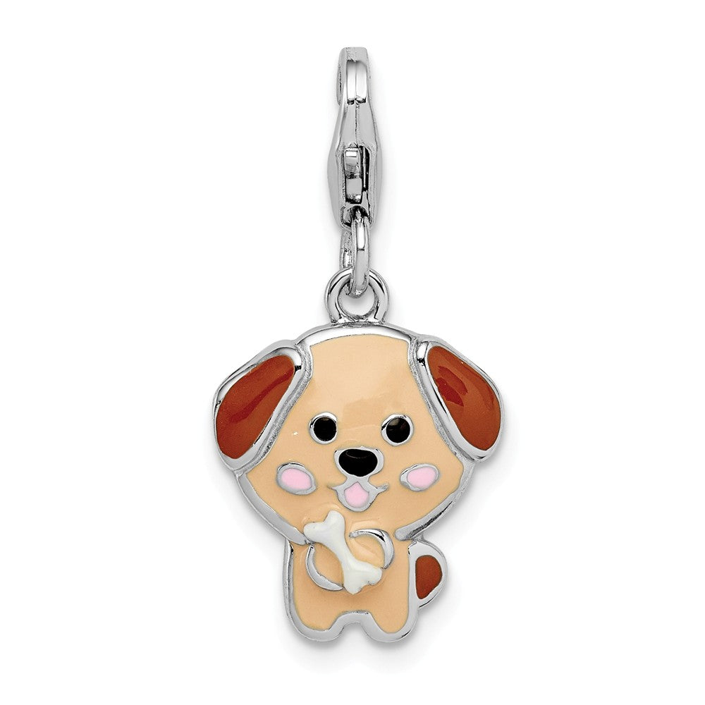 Million Charms 925 Sterling Silver Rhodium-Plated Enameled Puppy With Lobster Clasp Charm