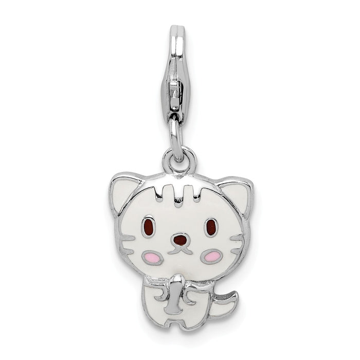 Million Charms 925 Sterling Silver Rhodium-Plated Enameled Kitten With Lobster Clasp Charm