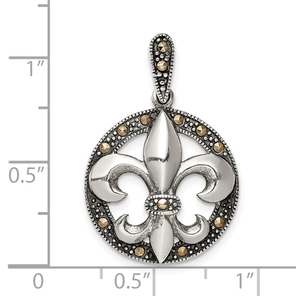 Million Charms 925 Sterling Silver Antiqued Marcasite Fleur De Lis Pendant