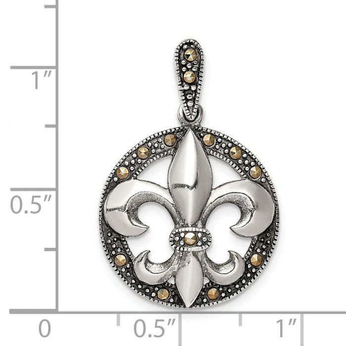 Million Charms 925 Sterling Silver Antiqued Marcasite Fleur De Lis Pendant
