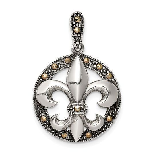 Million Charms 925 Sterling Silver Antiqued Marcasite Fleur De Lis Pendant