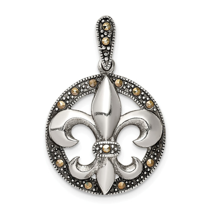 Million Charms 925 Sterling Silver Antiqued Marcasite Fleur De Lis Pendant