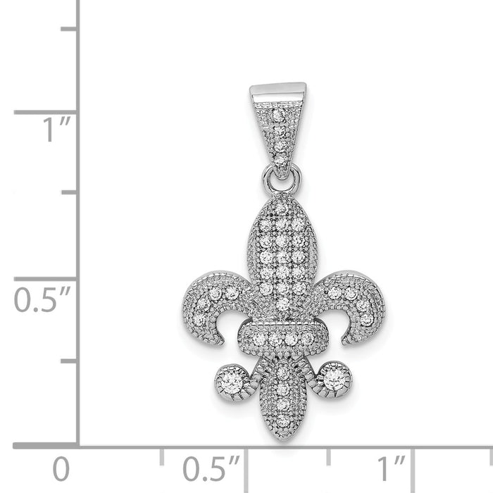 Million Charms 925 Sterling Silver Rhodium-Plated Polished (Cubic Zirconia) CZ Fleur De Lis Pendant