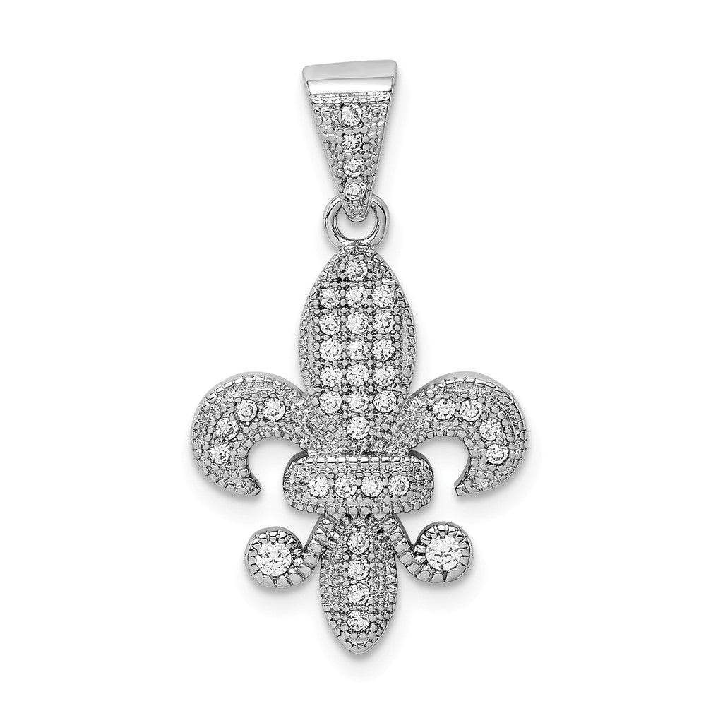 Million Charms 925 Sterling Silver Rhodium-Plated Polished (Cubic Zirconia) CZ Fleur De Lis Pendant