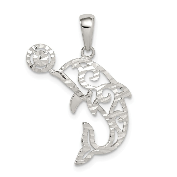 Million Charms 925 Sterling Silver Diamond-Cut Dolphin With Ball Pendant