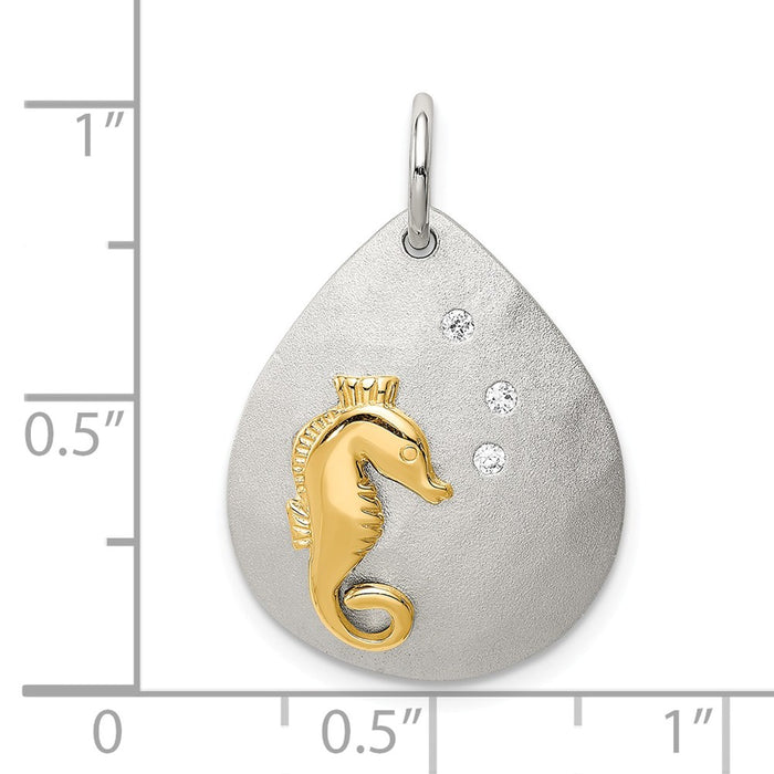 Million Charms 925 Sterling Silver Gold-Tone (Cubic Zirconia) CZ Nautical Seahorse Brushed Pendant