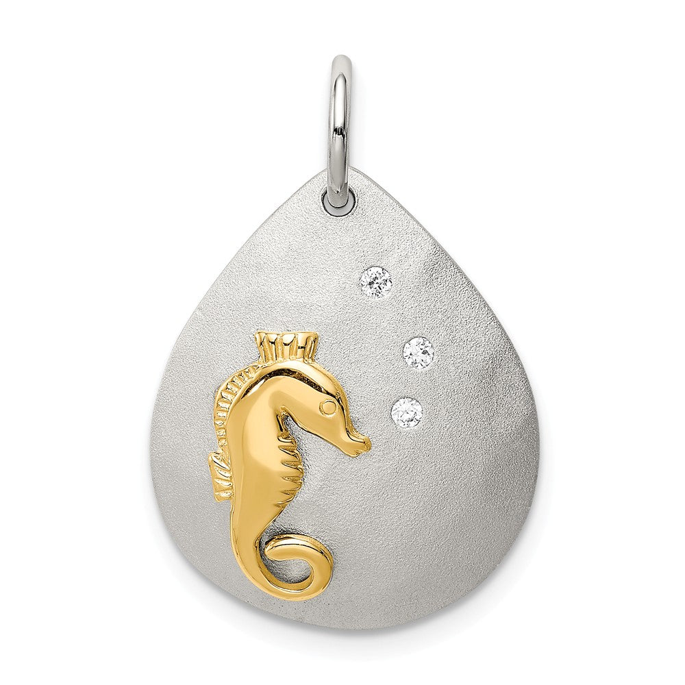 Million Charms 925 Sterling Silver Gold-Tone (Cubic Zirconia) CZ Nautical Seahorse Brushed Pendant