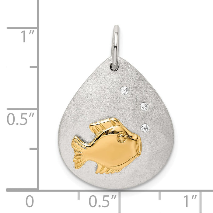 Million Charms 925 Sterling Silver Gold-Tone (Cubic Zirconia) CZ Fish Brushed Pendant