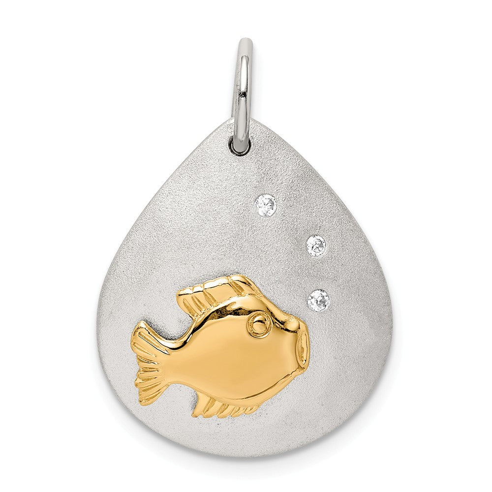 Million Charms 925 Sterling Silver Gold-Tone (Cubic Zirconia) CZ Fish Brushed Pendant