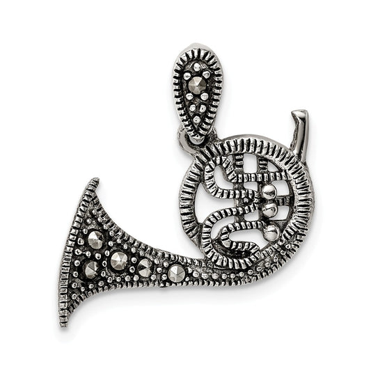 Million Charms 925 Sterling Silver Antiqued Marcasite French Horn Pendant