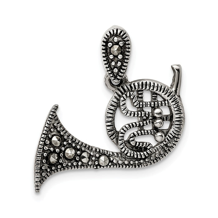 Million Charms 925 Sterling Silver Antiqued Marcasite French Horn Pendant
