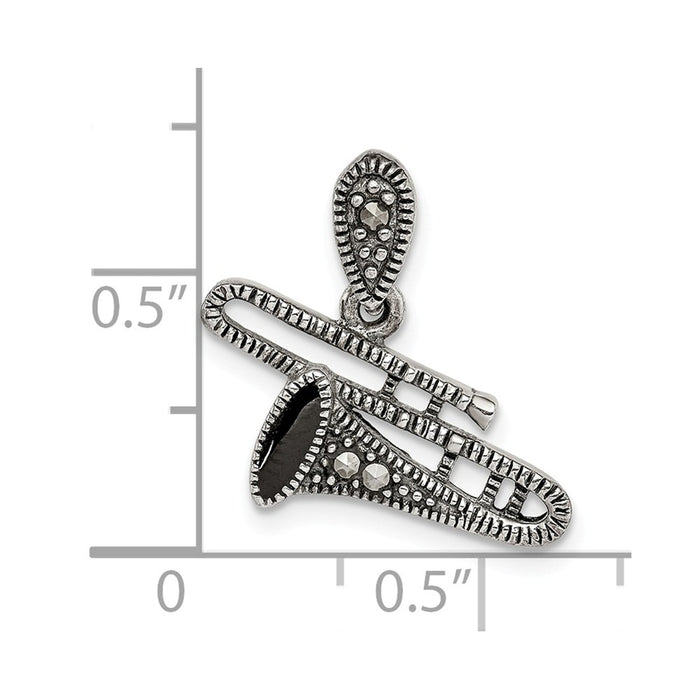 Million Charms 925 Sterling Silver Antiqued Marcasite & Black Epoxy Trombone Pendant