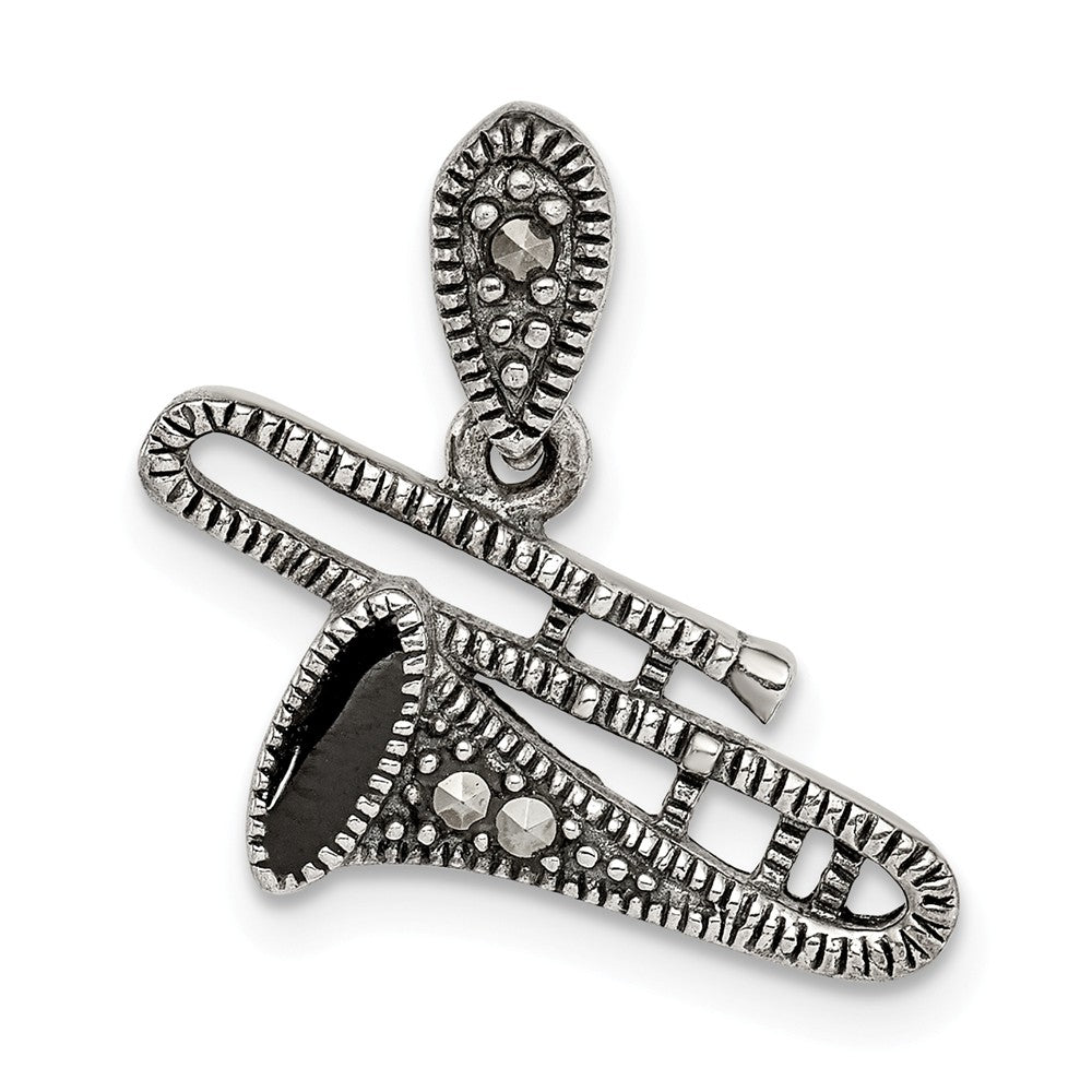 Million Charms 925 Sterling Silver Antiqued Marcasite & Black Epoxy Trombone Pendant
