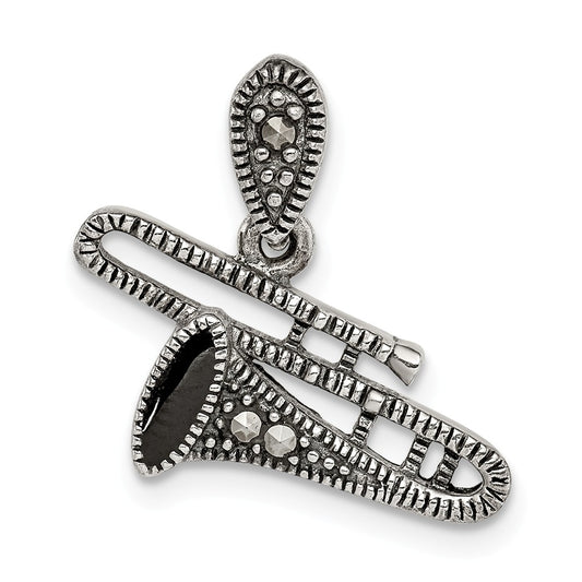 Million Charms 925 Sterling Silver Antiqued Marcasite & Black Epoxy Trombone Pendant