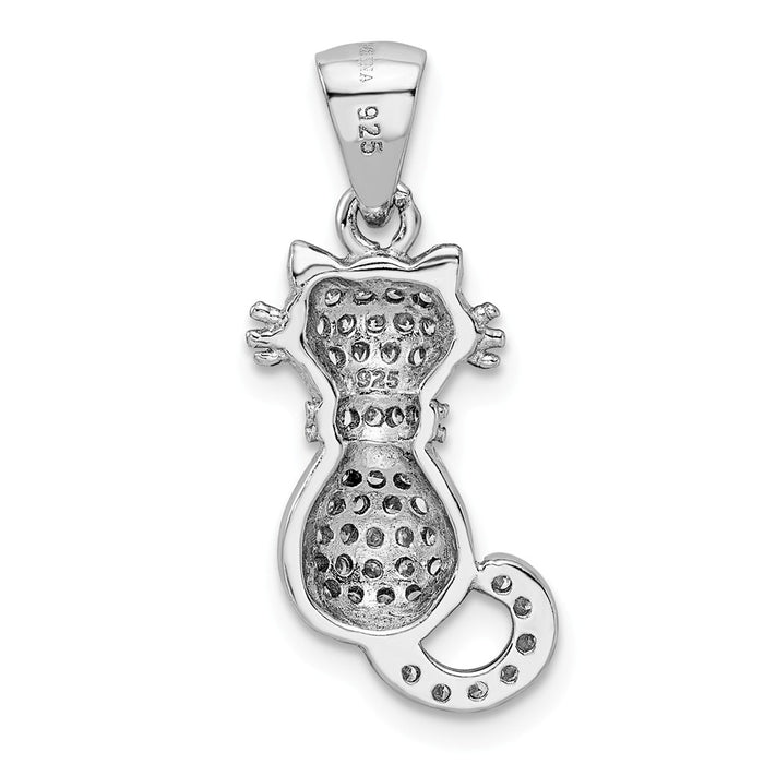 Million Charms 925 Sterling Silver Rhodium-Plated & Antiqued (Cubic Zirconia) CZ Cat Pendant