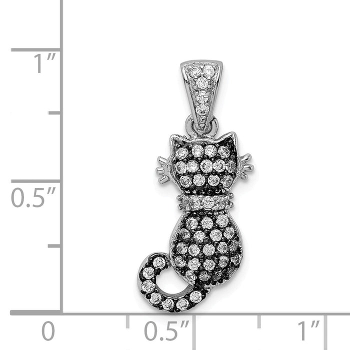 Million Charms 925 Sterling Silver Rhodium-Plated & Antiqued (Cubic Zirconia) CZ Cat Pendant