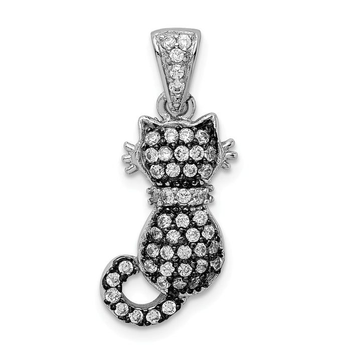 Million Charms 925 Sterling Silver Rhodium-Plated & Antiqued (Cubic Zirconia) CZ Cat Pendant