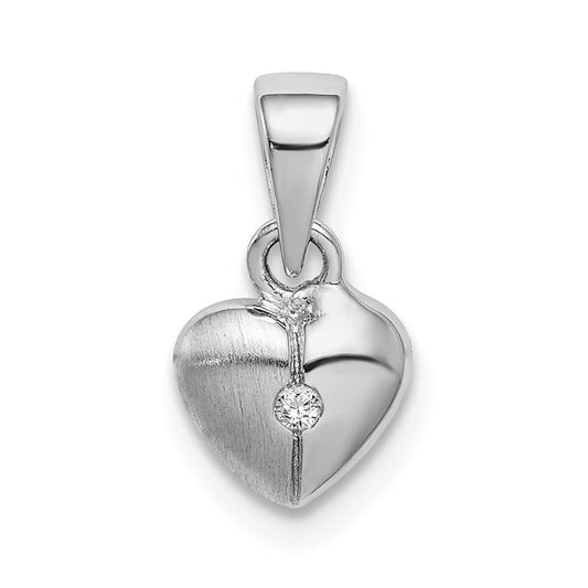 Million Charms 925 Sterling Silver Rhodium-Plated Childs Brushed Heart (Cubic Zirconia) CZ Pendant