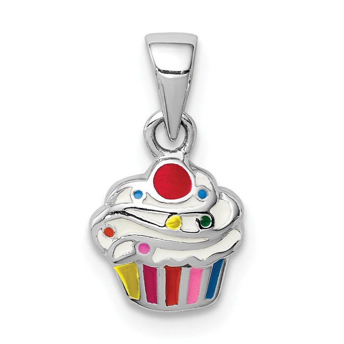 Million Charms 925 Sterling Silver Rhodium-Plated Childs Enameled Cupcake Pendant