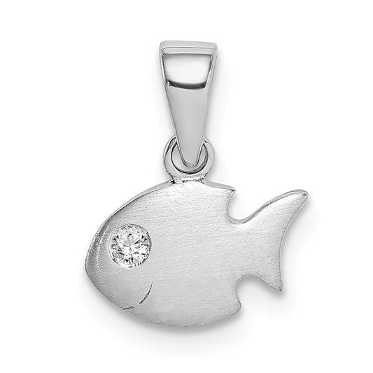 Million Charms 925 Sterling Silver Rhodium-Plated Childs Brushed (Cubic Zirconia) CZ Fish Pendant