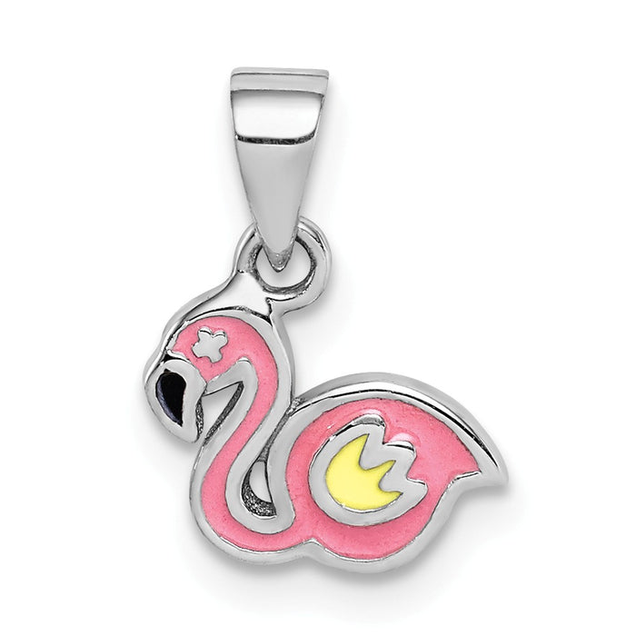 Million Charms 925 Sterling Silver Rhodium-Plated Childs Enameled Flamingo Pendant