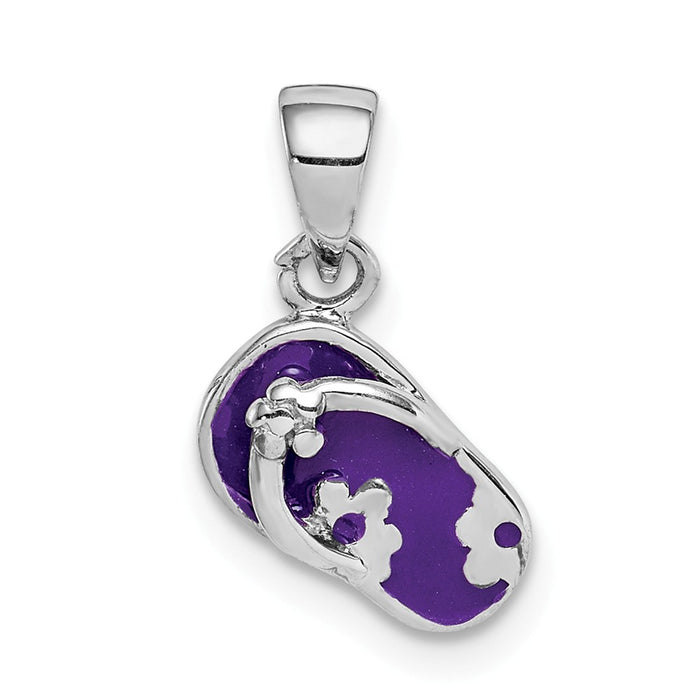 Million Charms 925 Sterling Silver Rhodium-Plated Childs Enameled Purple Flip Flop Pendant