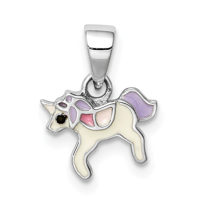 Million Charms 925 Sterling Silver Rhodium-Plated Childs Enameled Unicorn Pendant