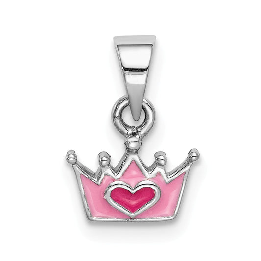 Million Charms 925 Sterling Silver Rhodium-Plated Childs Enameled Pink Crown Pendant